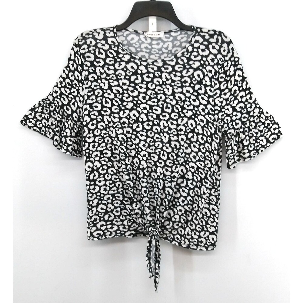 Cream N Sugar Shirt Women Size S Black White All Over Print Bell Sleeve Tie Knot
